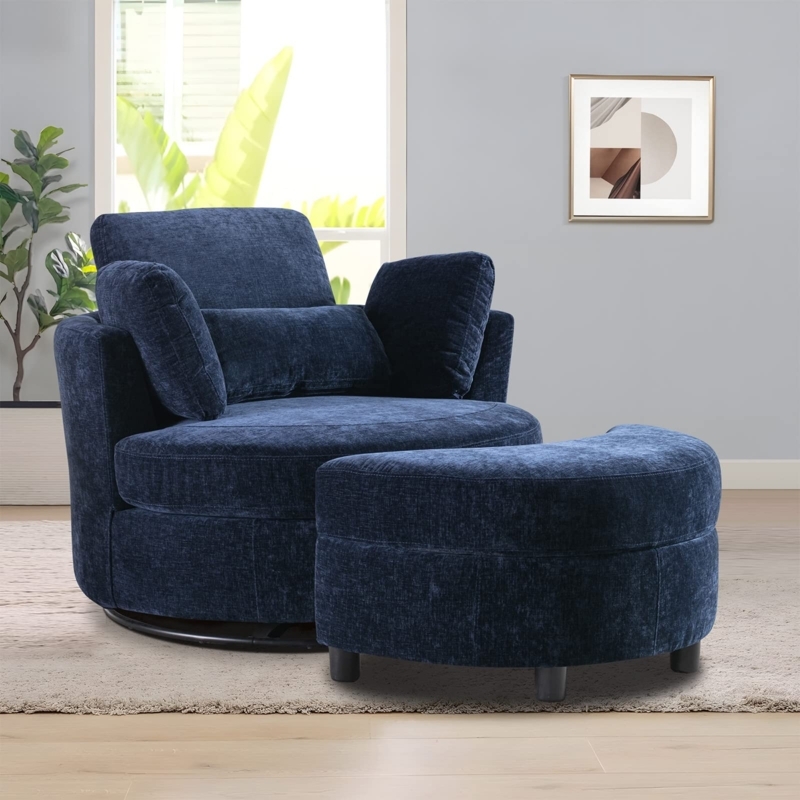 Swivel Chair With Matching Curved Ottoman In Navy Blue