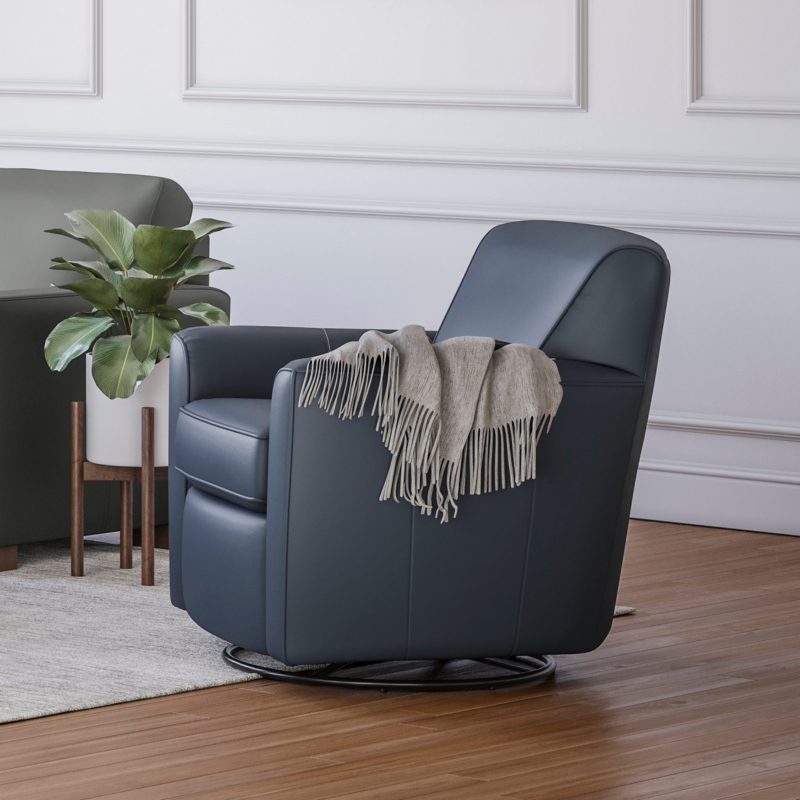 Swivel Glider Chair in Slate Blue Leather-Like Finish with High Back