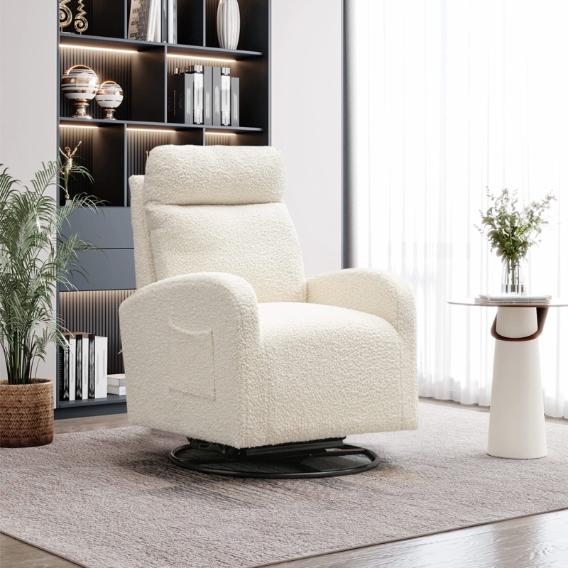 Swivel Glider Chair in White Boucle with High Back and Headrest