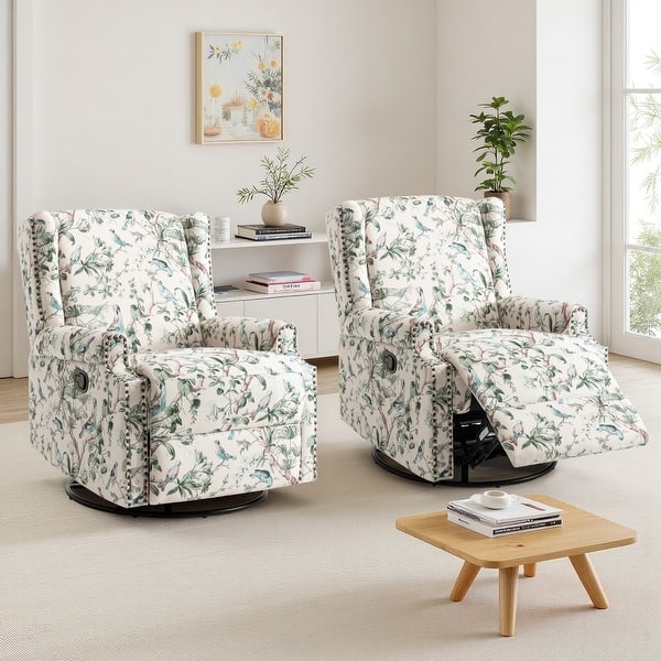 Swivel Glider Chair Set Botanical Bird Print Recliner Ivory
