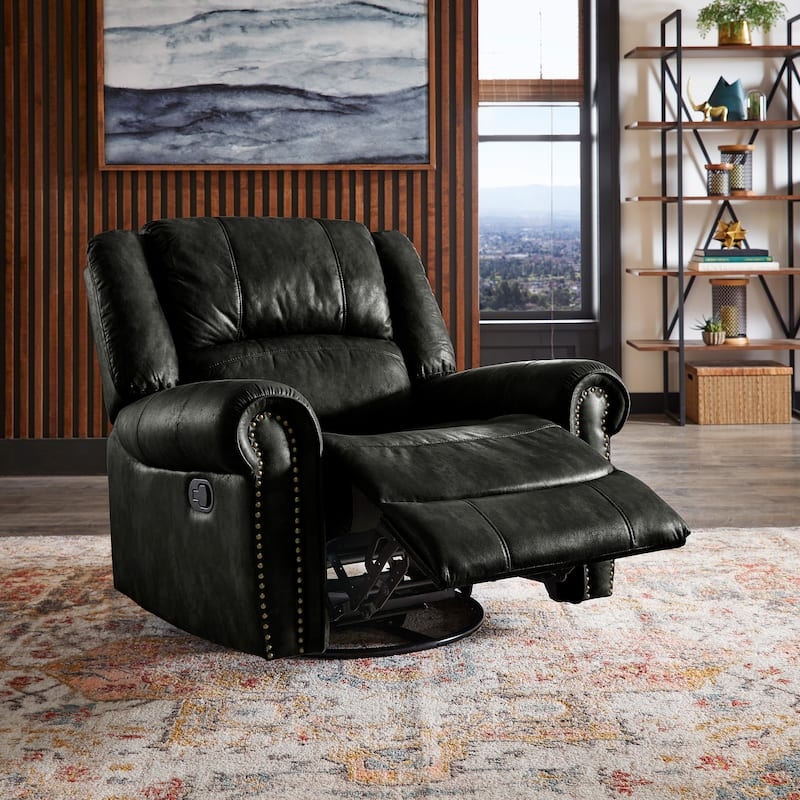 Swivel Glider Recliner, Charcoal Grey Polished Microfiber Nailhead Trim