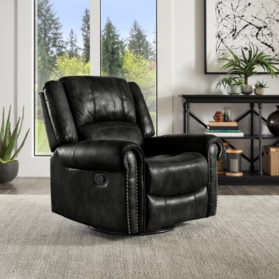 Swivel Glider Recliner Charcoal Polished Microfiber Nailhead Trim