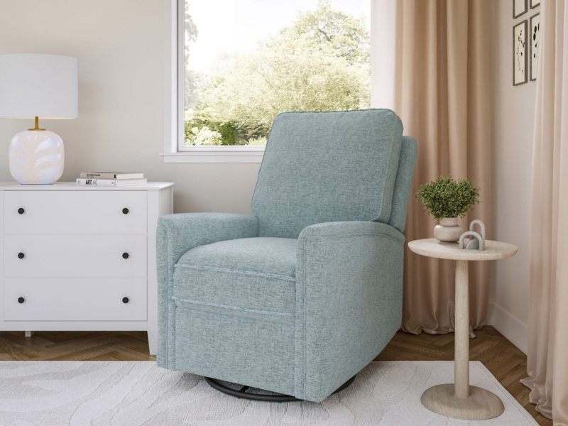Swivel Glider Recliner Dusty Blue Upholstery Tailored Track Arms