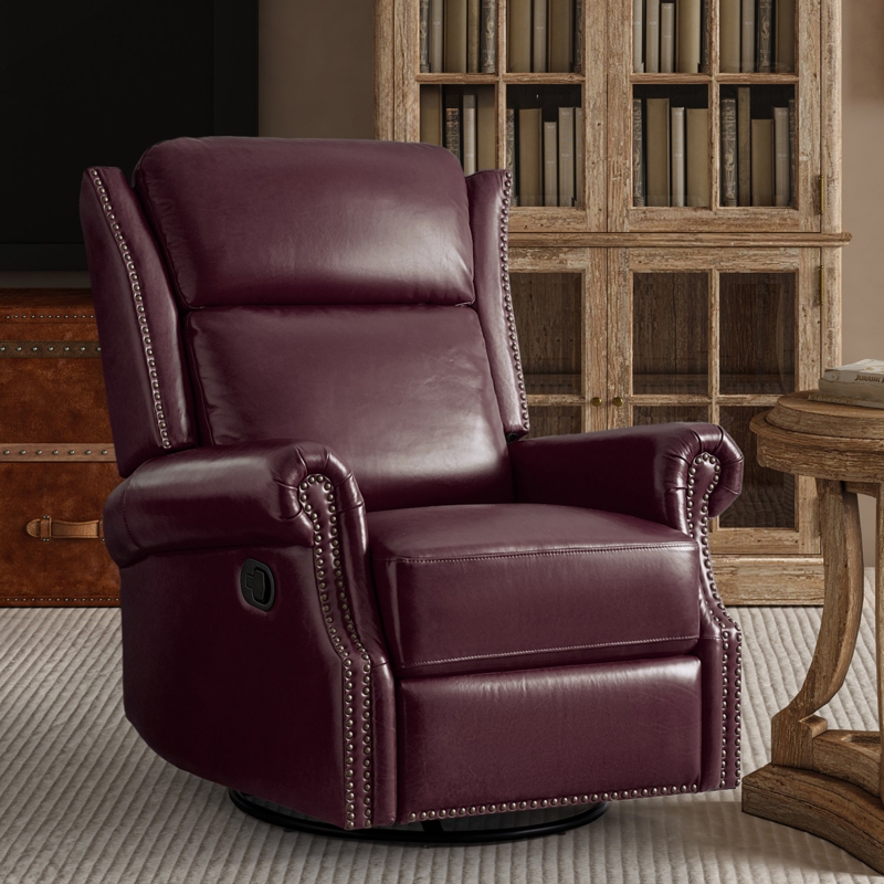 Swivel Glider Recliner, Espresso Waxed Leather Appearance Wingback Design