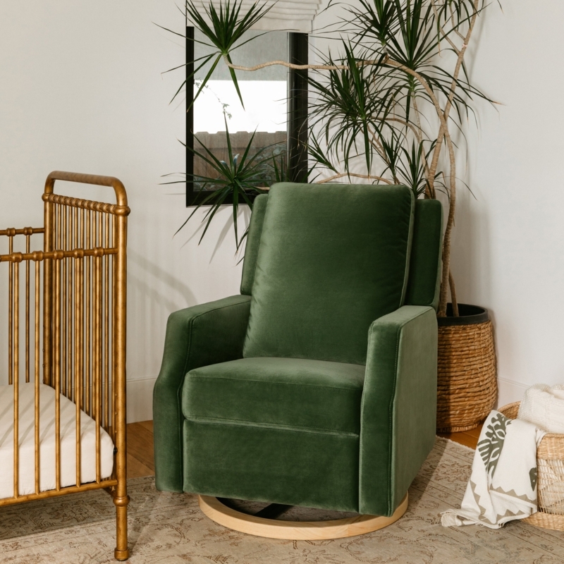 Swivel Glider Recliner Forest Green Velvet Circular Wood Base Nursery