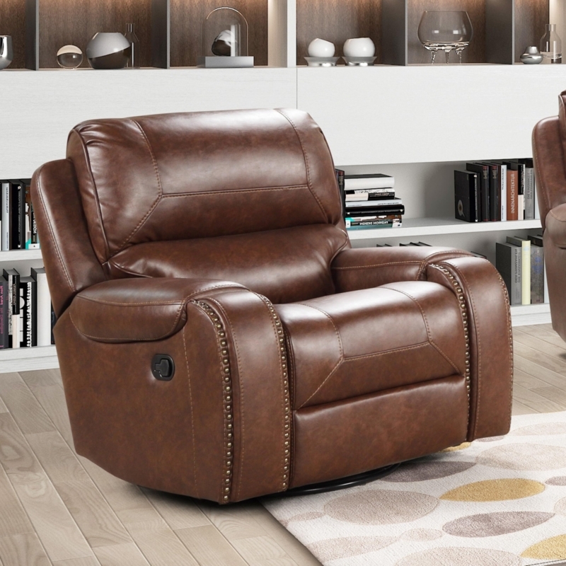 Swivel Glider Recliner in Cocoa Brown Leather Air with Nailhead Trim