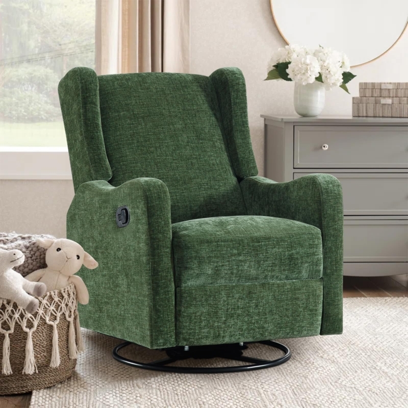 Swivel Glider Recliner in Forest Green Chenille with Wingback Back