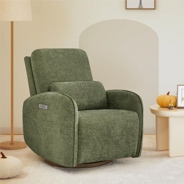 Swivel Glider Recliner in Sage Green Fabric with Side Pocket & Wood Base