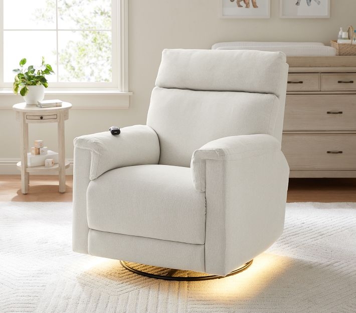 Swivel Glider Recliner Ivory Chenille Integrated Lighting Power Nursery
