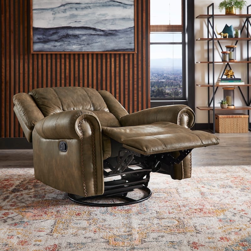 Swivel Glider Recliner, Nailhead Trim Armchair in Olive Brown