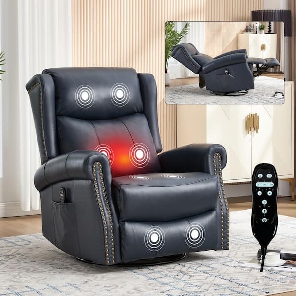 Swivel Glider Recliner, Navy Blue Leather-Like with Massage and Heat