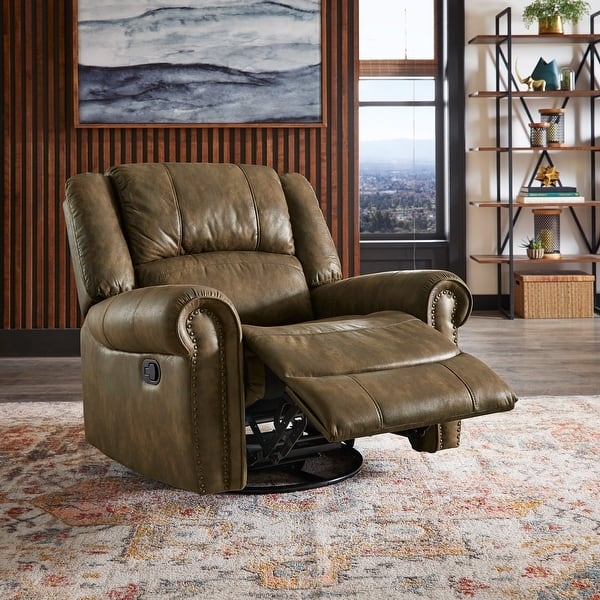 Swivel Glider Recliner, Olive Green Polished Microfiber Nailhead Trim