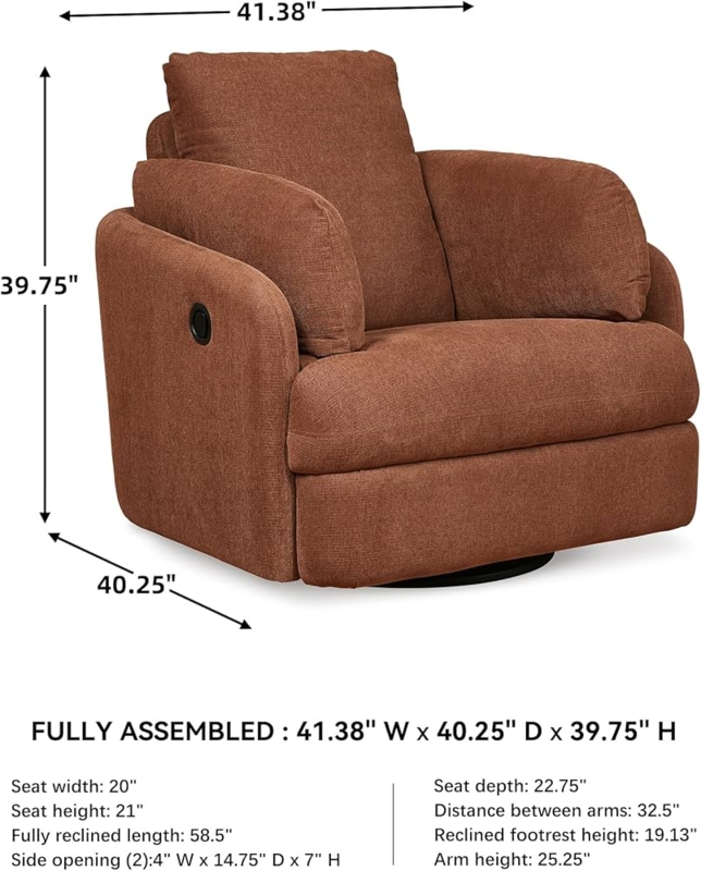 Swivel Glider Recliner with Bolster Pillows and Side Storage, Terracotta