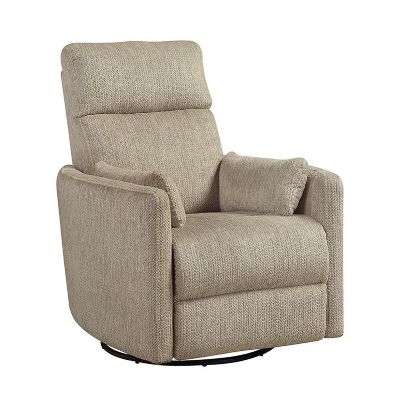 Swivel Glider Recliner with Matching Pillows in Taupe Ribbed Fabric