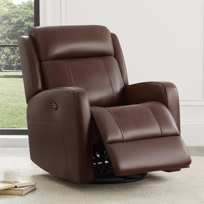 Swivel Power Recliner Chocolate Brown Leather Like Transitional