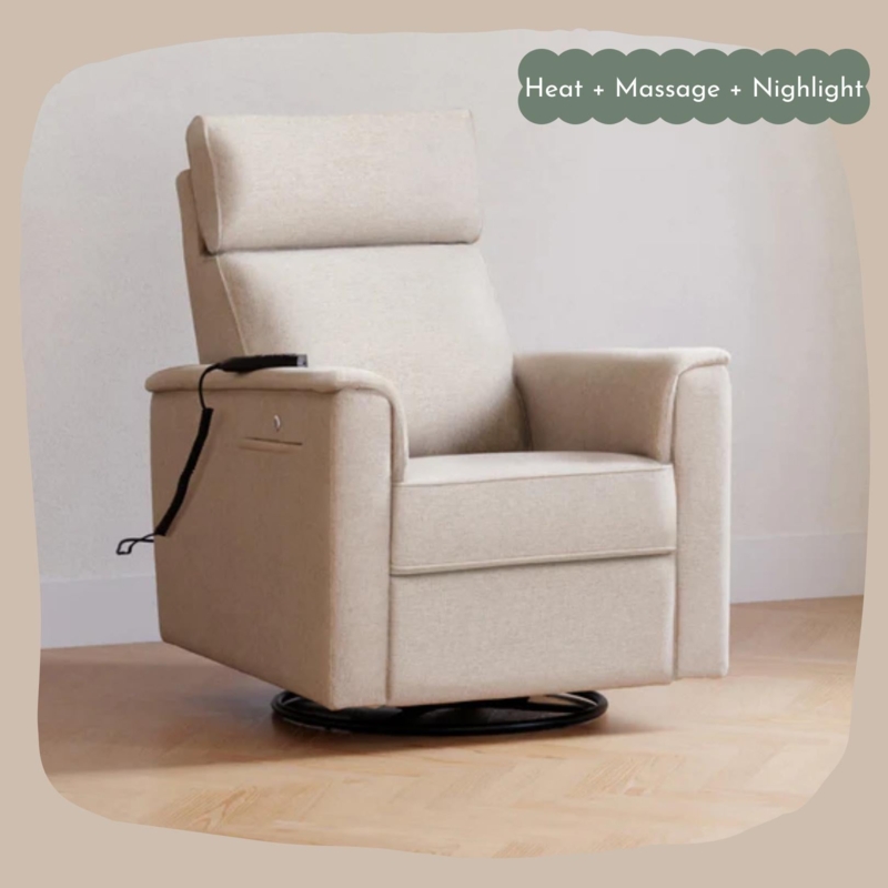 Swivel Power Recliner in Cream Linen-Like Fabric for Nursery