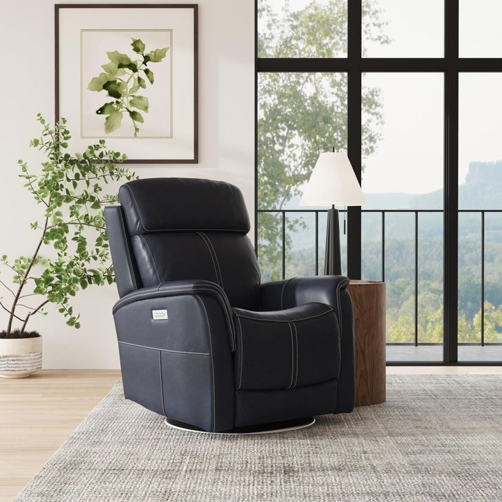 Swivel Power Recliner Navy Blue Modern Base Contrast Stitching