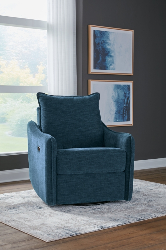 Swivel Power Recliner with Track Arms in Textured Navy Fabric