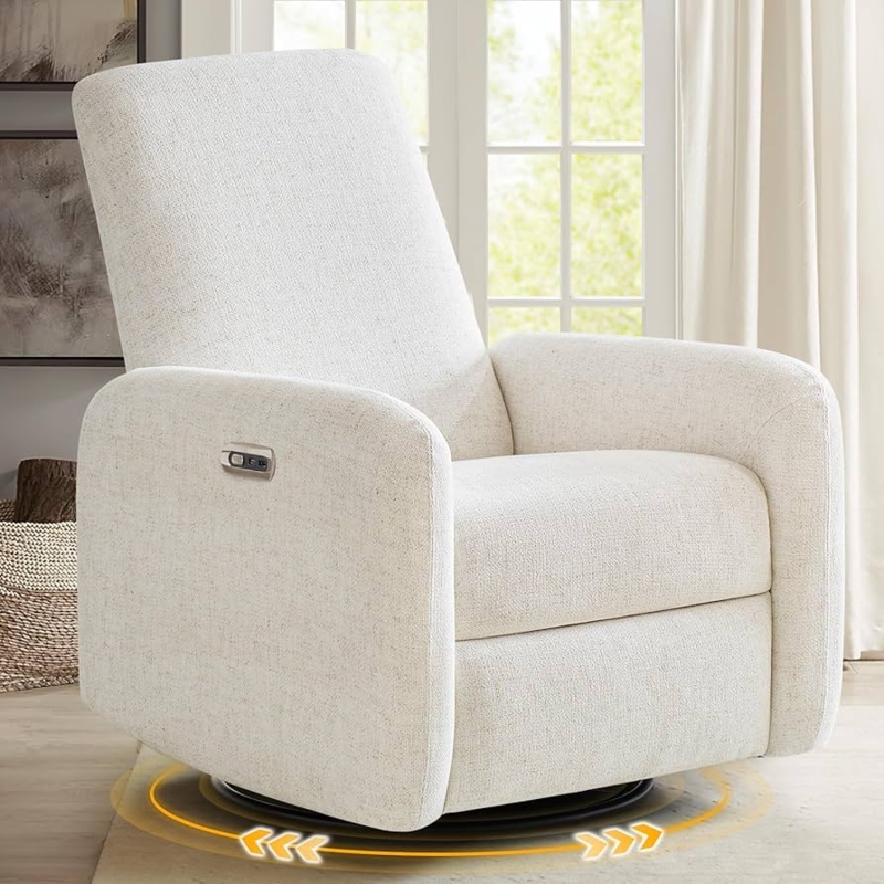 Swivel Power Recliner with USB Port and Cream Chenille Fabric