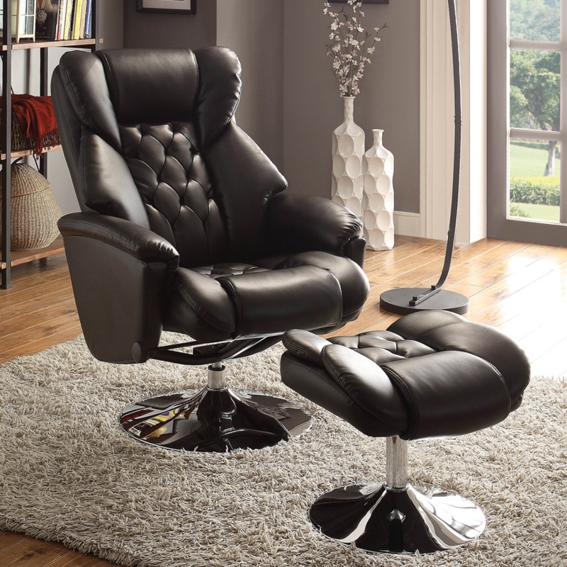 Swivel Recliner and Ottoman Set Diamond Tufted Back Leather Like Chrome