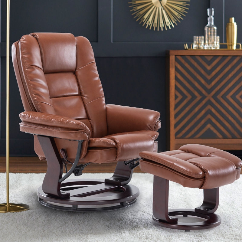 Swivel Recliner and Ottoman Set with Mahogany Wood Base in Brown