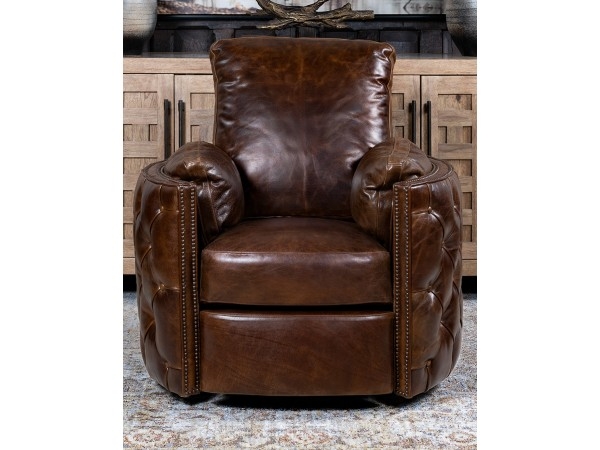 Swivel Recliner, Barrel Back, Diamond Tufting, Distressed Finish