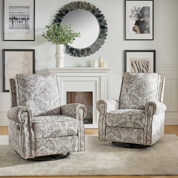 Swivel Recliner, Beige Damask Pattern Upholstery with Nailhead Trim