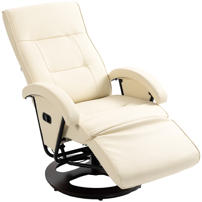 Swivel Recliner Beige Leather Like Circular Wood Base