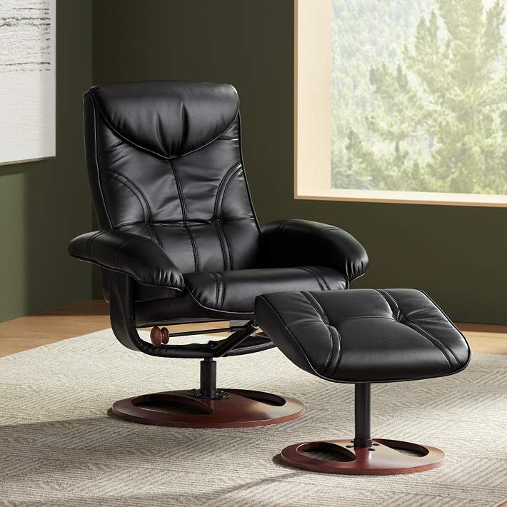 Swivel Recliner Black Leather-Like Slanted Ottoman Wood Base.