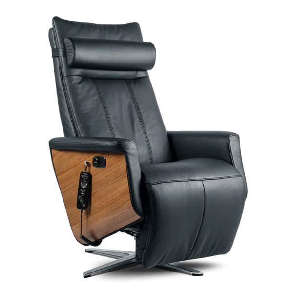 Swivel Recliner Black Leather Like Wood Toned Side Panels Zero Gravity