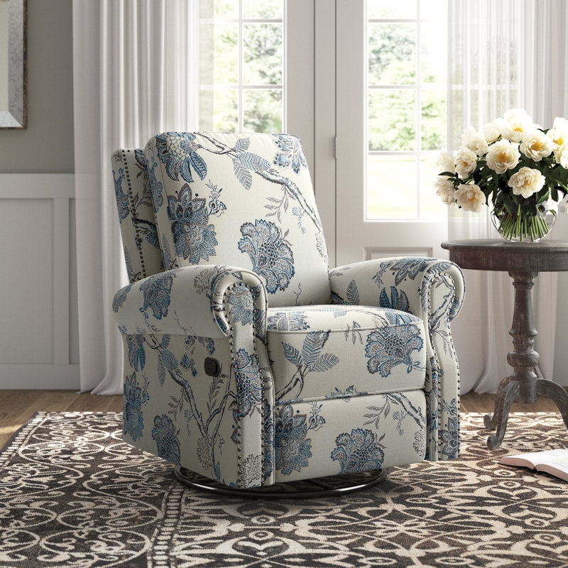 Swivel Recliner Blue Floral Jacobean Print Nailhead Trim Rocker