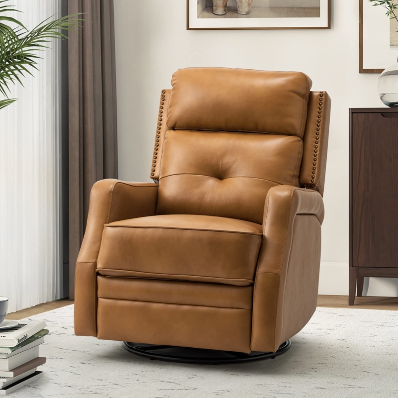 Swivel Recliner, Camel Leather-Like, Nailhead Trim, Tiered Back