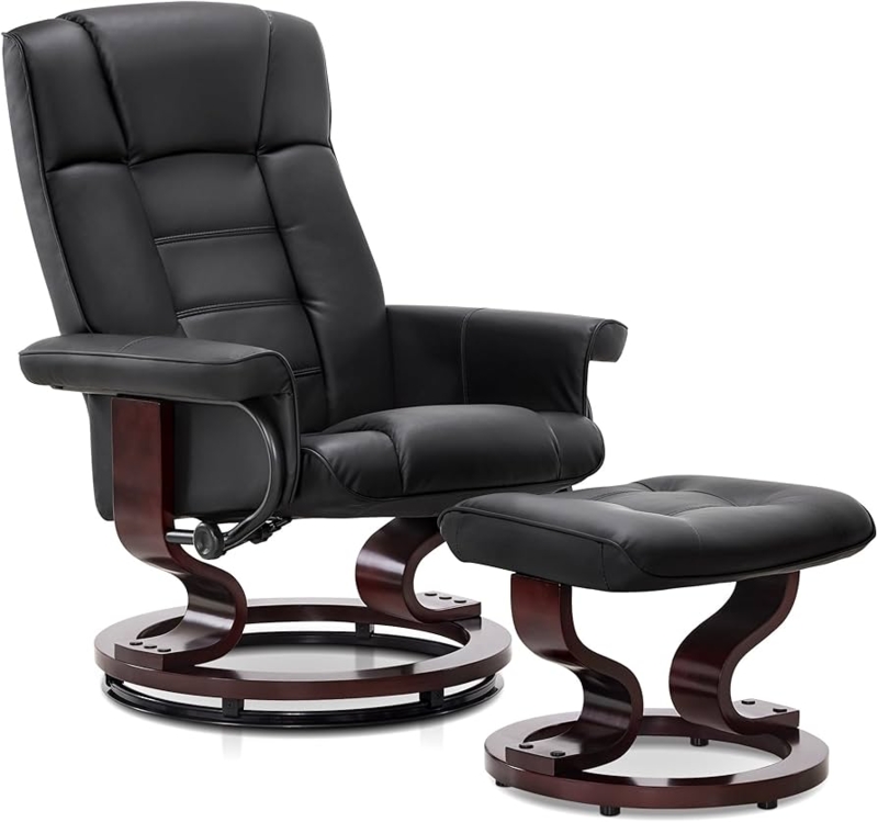 Swivel Recliner Chair and Ottoman S-Shaped Wood Base Leather Like
