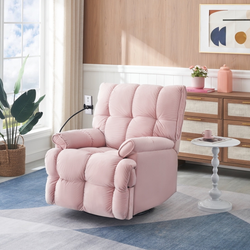 Swivel Recliner Chair Blush Pink With Phone Holder Tufted Back