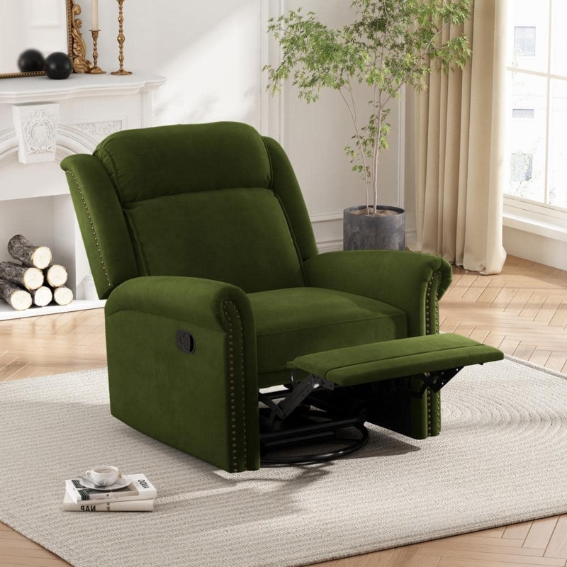 Swivel Recliner Chair Forest Green Velvet Nailhead Trim Modern