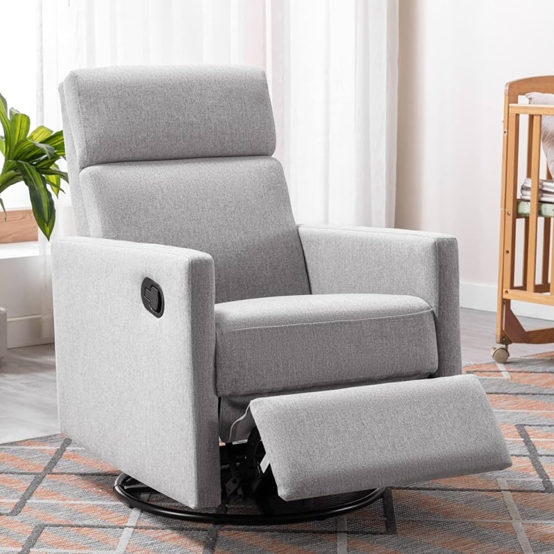 Swivel Recliner Chair Manual Handle Woven Fabric Nursery Glider