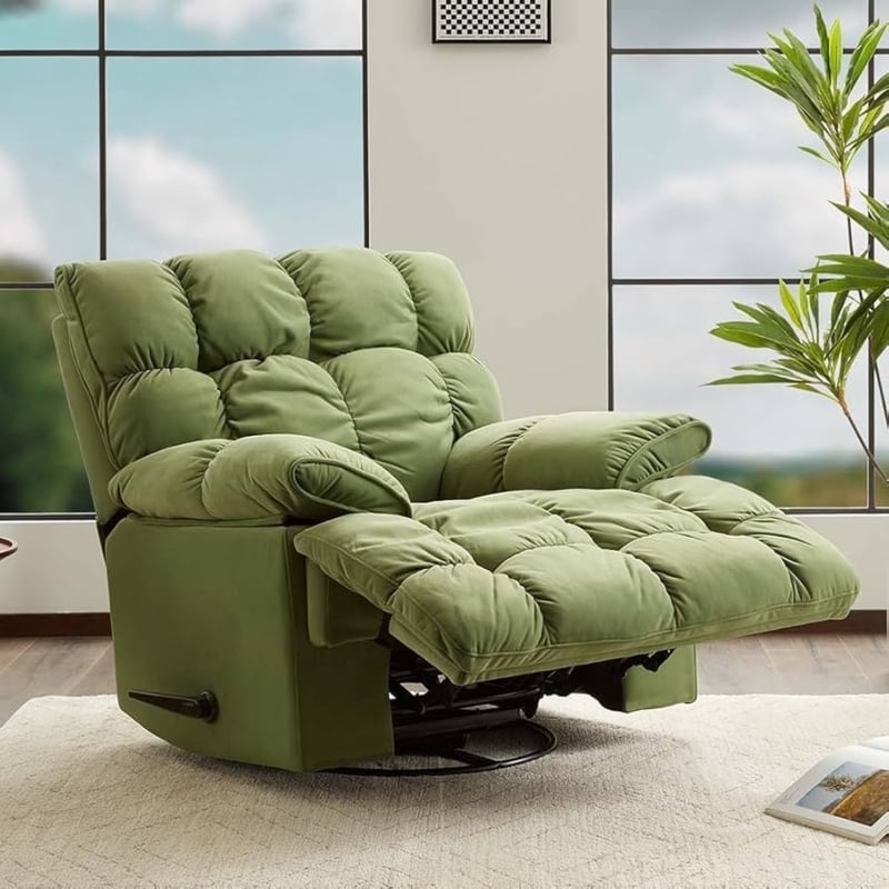 Swivel Recliner Chair Overstuffed Puffy Sage Green Tufted Design