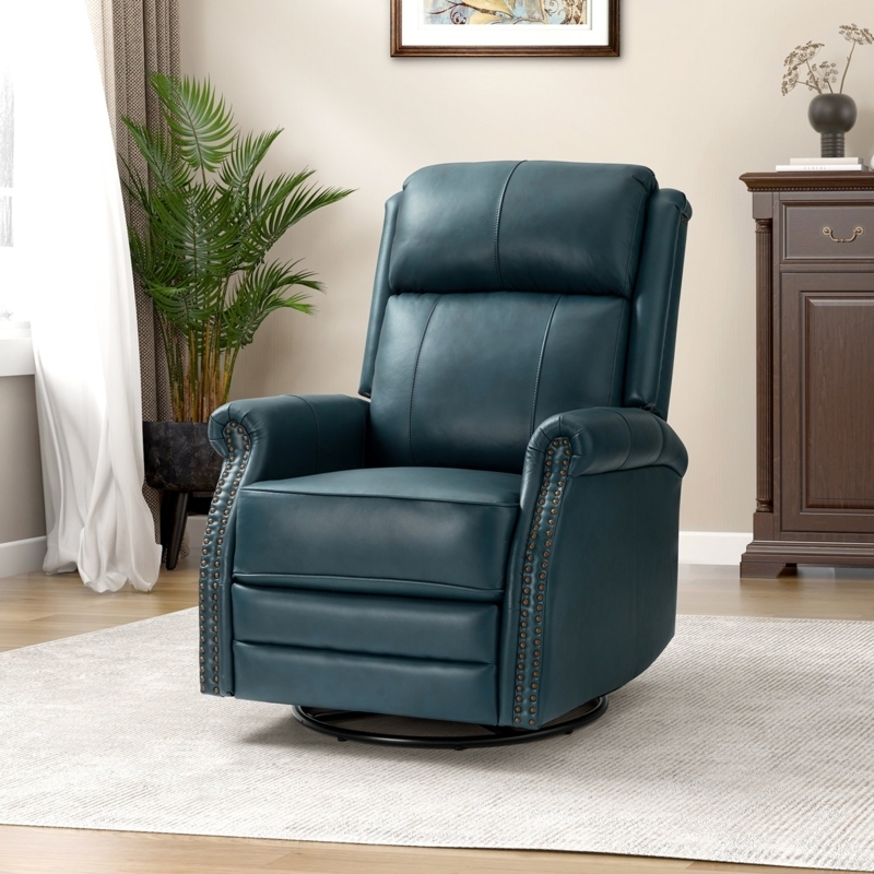 Swivel Recliner Chair Teal Leather Rolled Arms Nailhead