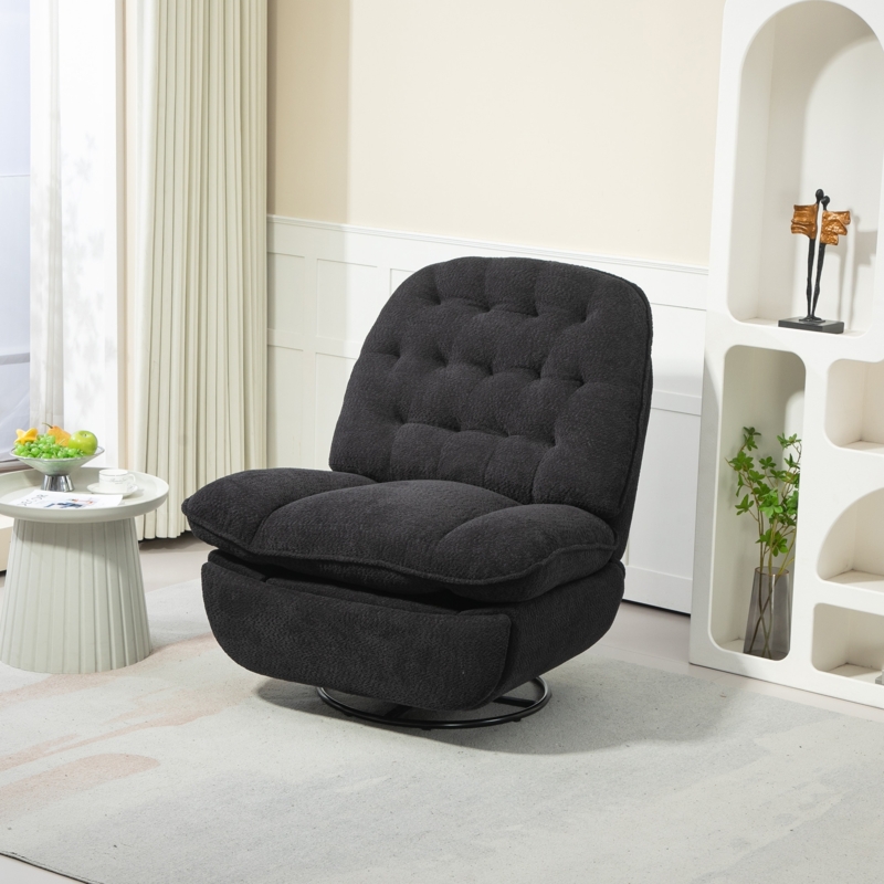 Swivel Recliner Chair Textured Chenille Charcoal Grey Tufted Back