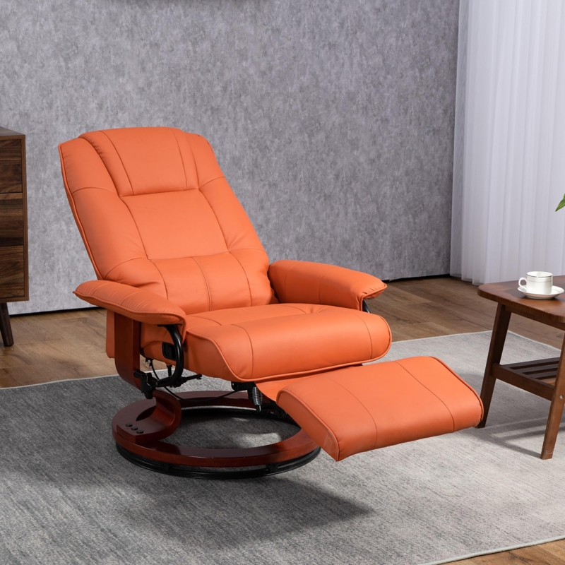 Swivel Recliner Chair with Circular Wood Base, Orange Leather-Like