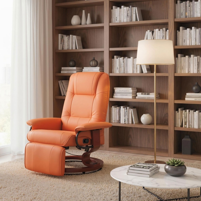 Swivel Recliner Chair with Curved Wooden Pedestal Base