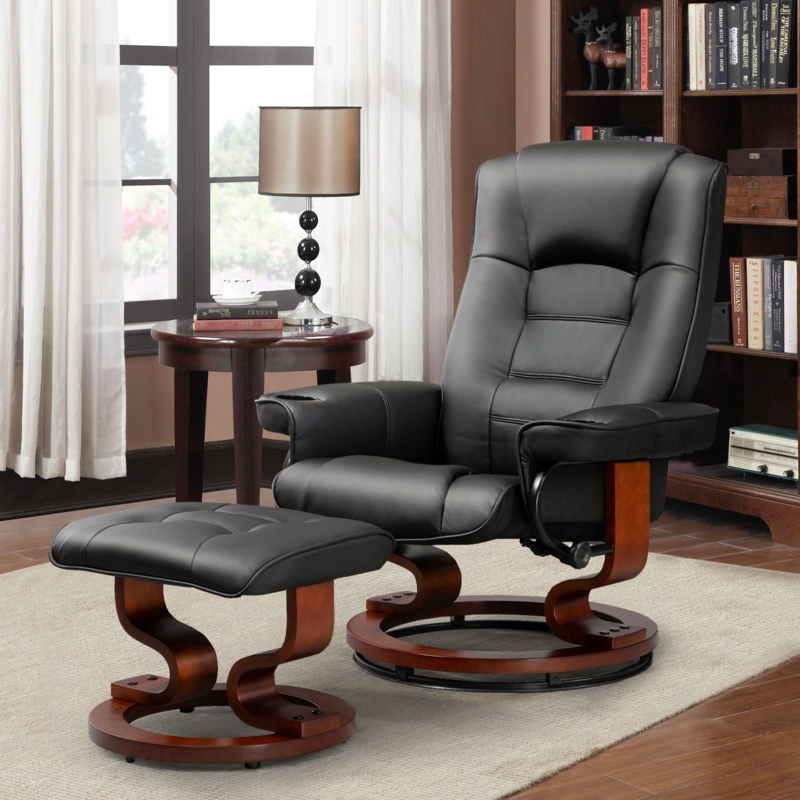 Swivel Recliner Chair with Ottoman Featuring a Unique S-Shaped Wood Base