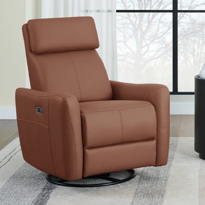 Swivel Recliner Cognac Finish Leather Like Power Glider Slim Profile