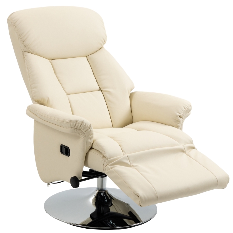 Swivel Recliner Cream Leather Like Chrome Pedestal Base