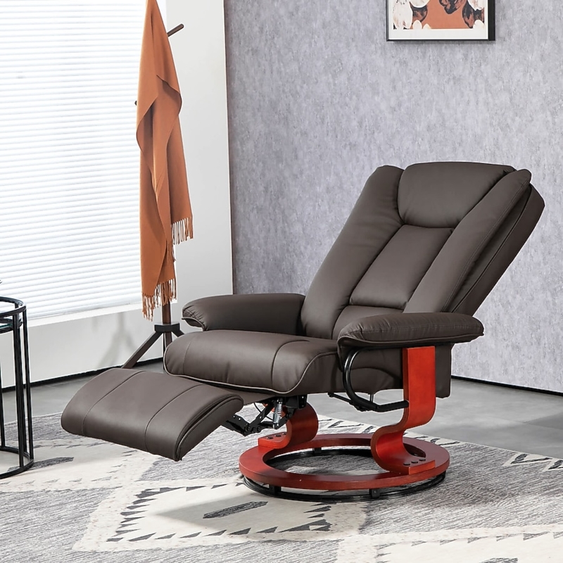 Swivel Recliner Dark Brown Leather Like Circular Pedestal Base