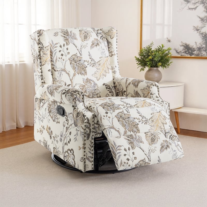 Swivel Recliner Floral Print Silver Nailhead Trim Glider