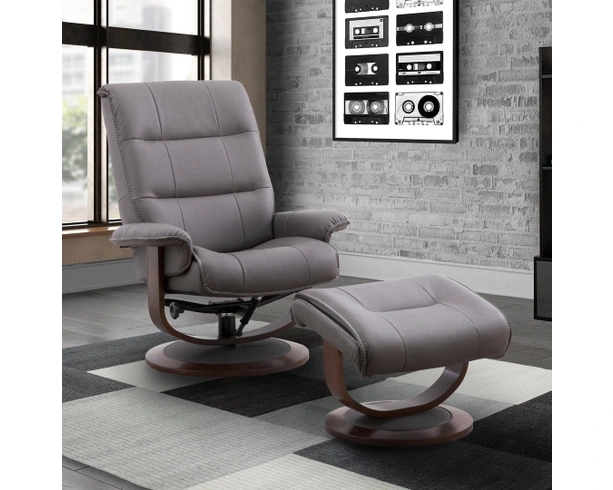 Swivel Recliner Gray Leather-Like Curved Wood Base Industrial