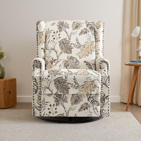 Swivel Recliner in Beige Botanical Print with Nailhead Trim