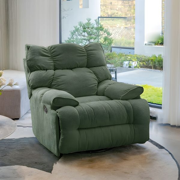 Swivel Recliner in Sage Green Ribbed Fabric with Overstuffed Arms