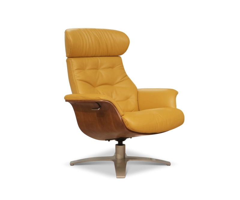 Swivel Recliner Mustard Yellow Leather Curved Wood Shell Star Base